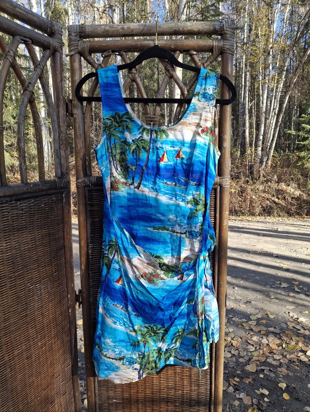 Vintage 90s Blue Tropical Print Beach Dress